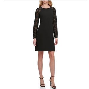 TOMMY HILFIGER | Long Floral Lace Sleeve Jewel Neck Scuba Crepe A-line Dress